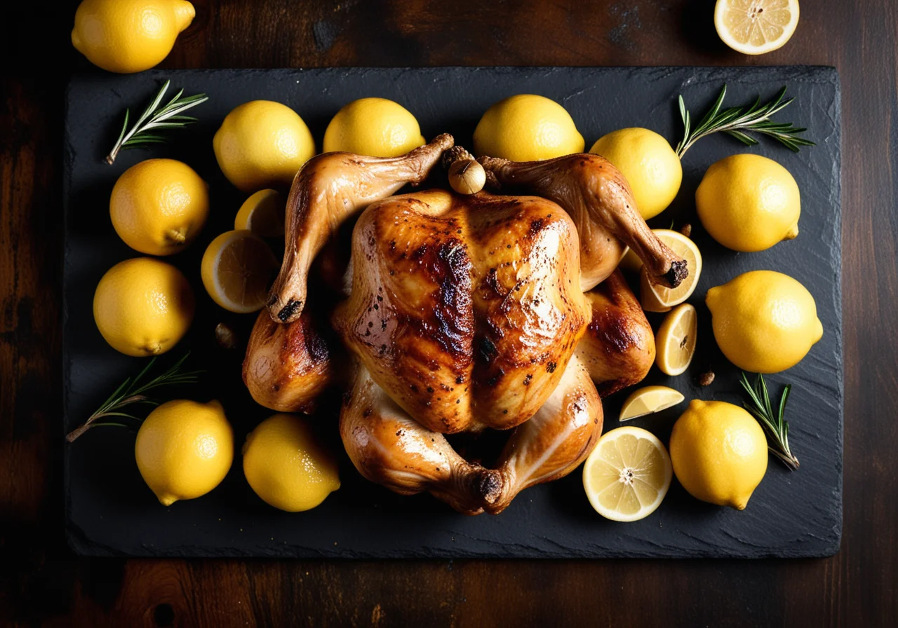 +54lBrathähnchen mit Zitrone, Knoblauch und Thymian