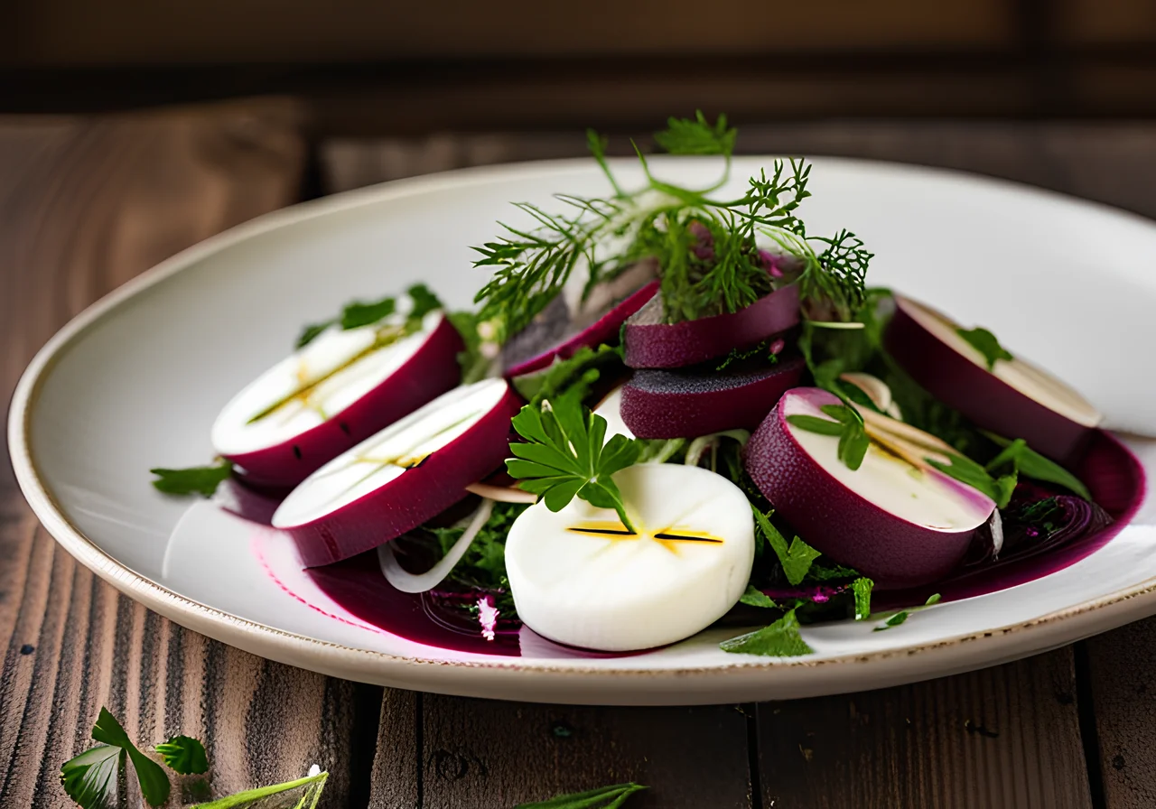 Beetroot with Mozzarella and Cucumber, Herb Vinaigrette