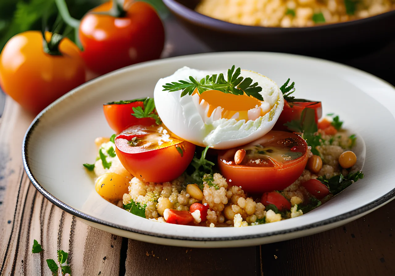 Couscous Tomato Salad with Poached Eggs