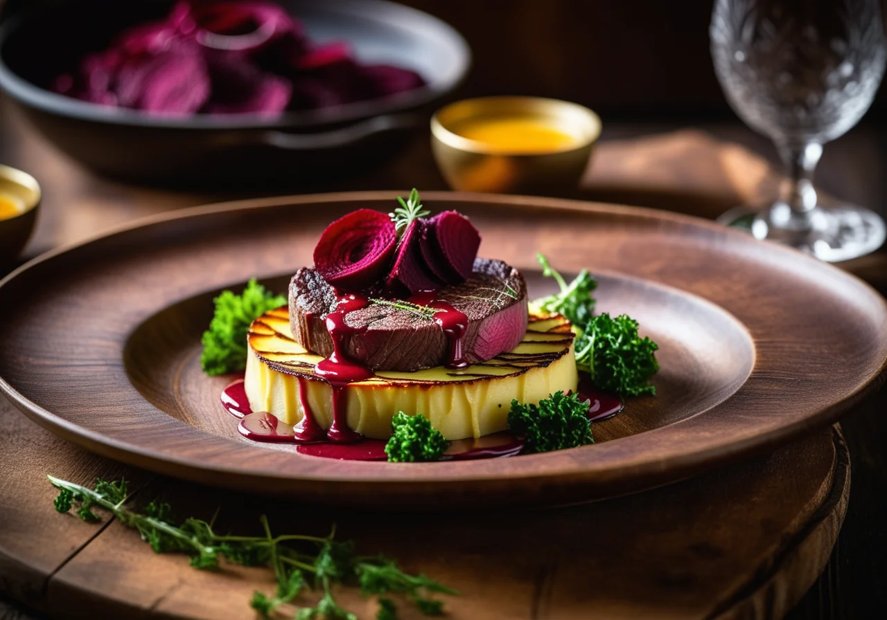 Venison Fillet with Potato Casserole and Beetroot Sauce