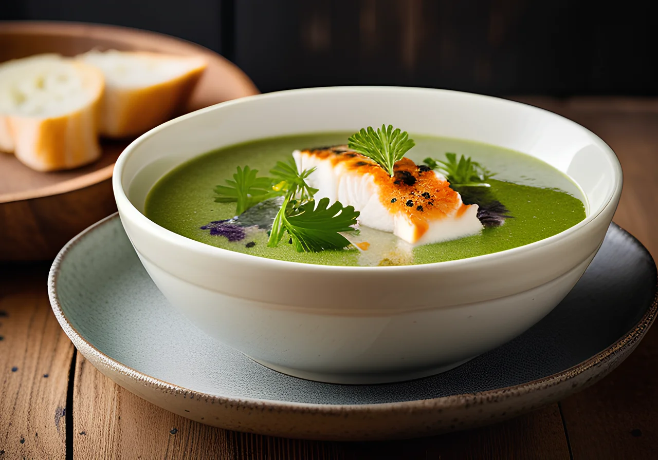 Broccoli Soup with Pasta and Lingcod