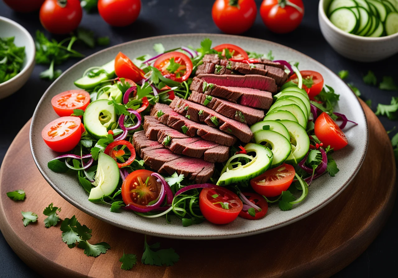 Spicy Beef Salad with Tomatoes and Cucumbers