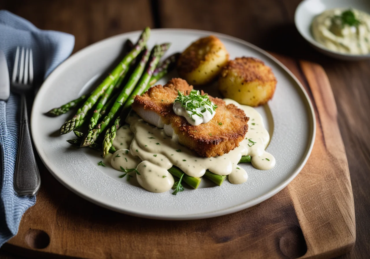 Sea Bass Schnitzel with Asparagus Potato Salad