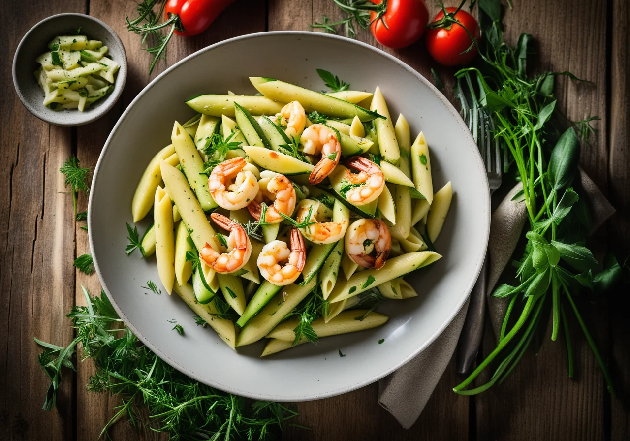 Penne with Stewed Zucchini Ragout and Shrimp