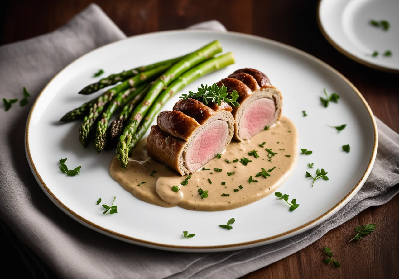 Veal Roulades with Green Asparagus and Porcini Mushroom Sauce