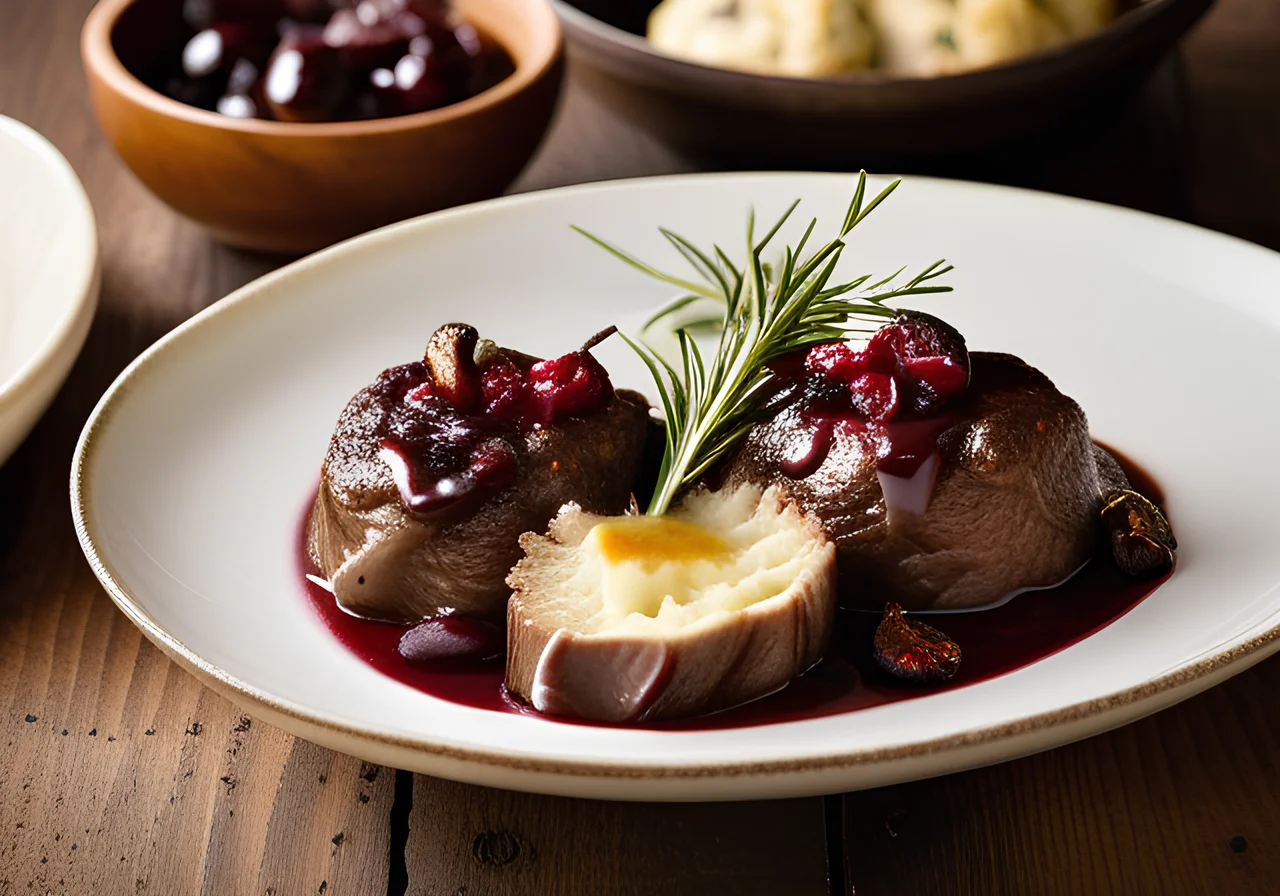 Venison Roast with Mushroom Bread Dumplings and Cherry Sauce