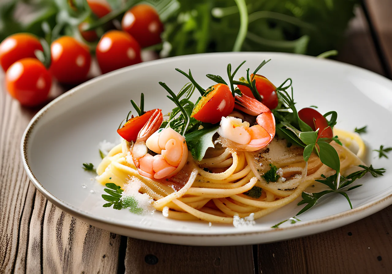 Spaghetti with Scampi, Tomatoes and Arugula