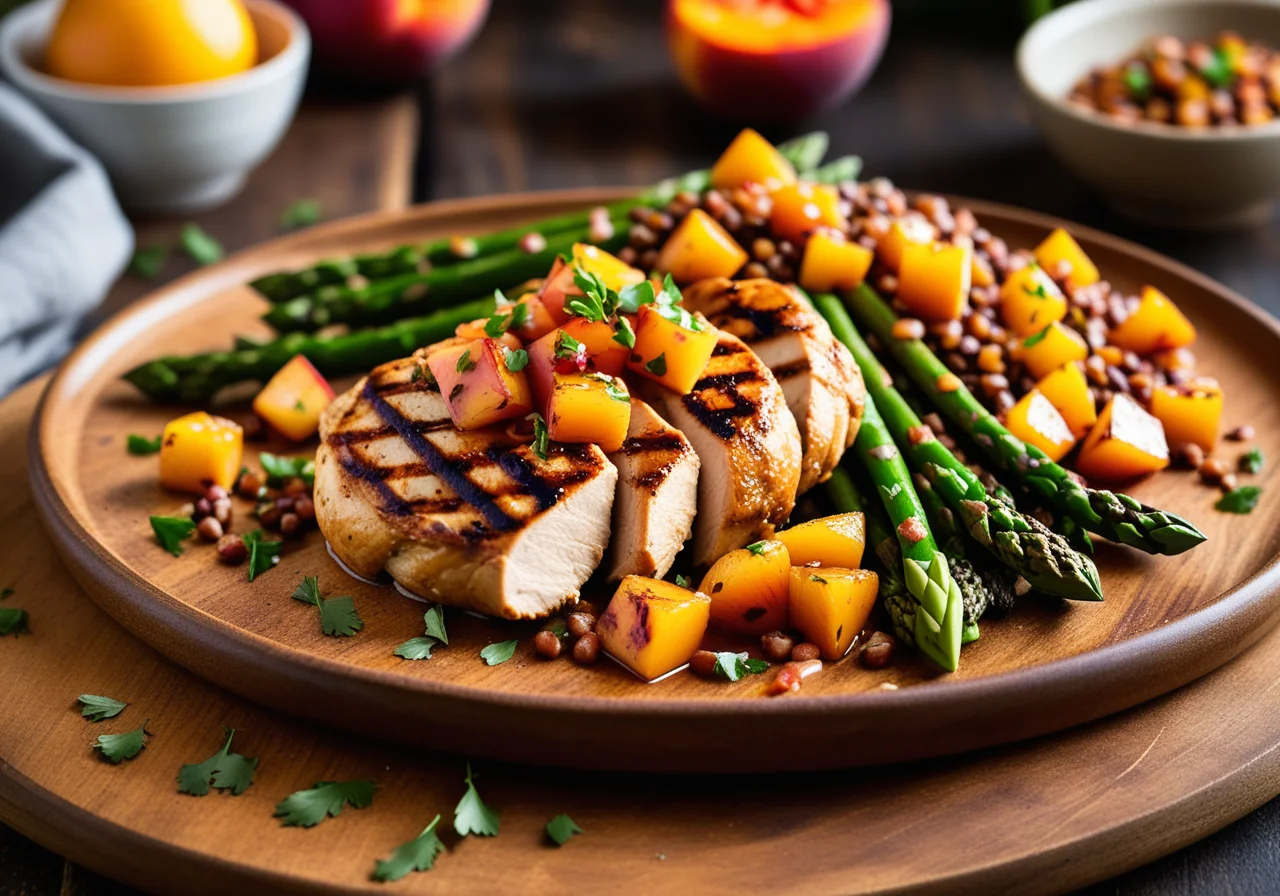 Chicken Breast Fillet with Peach Salsa, Lentil Vegetable and Asparagus