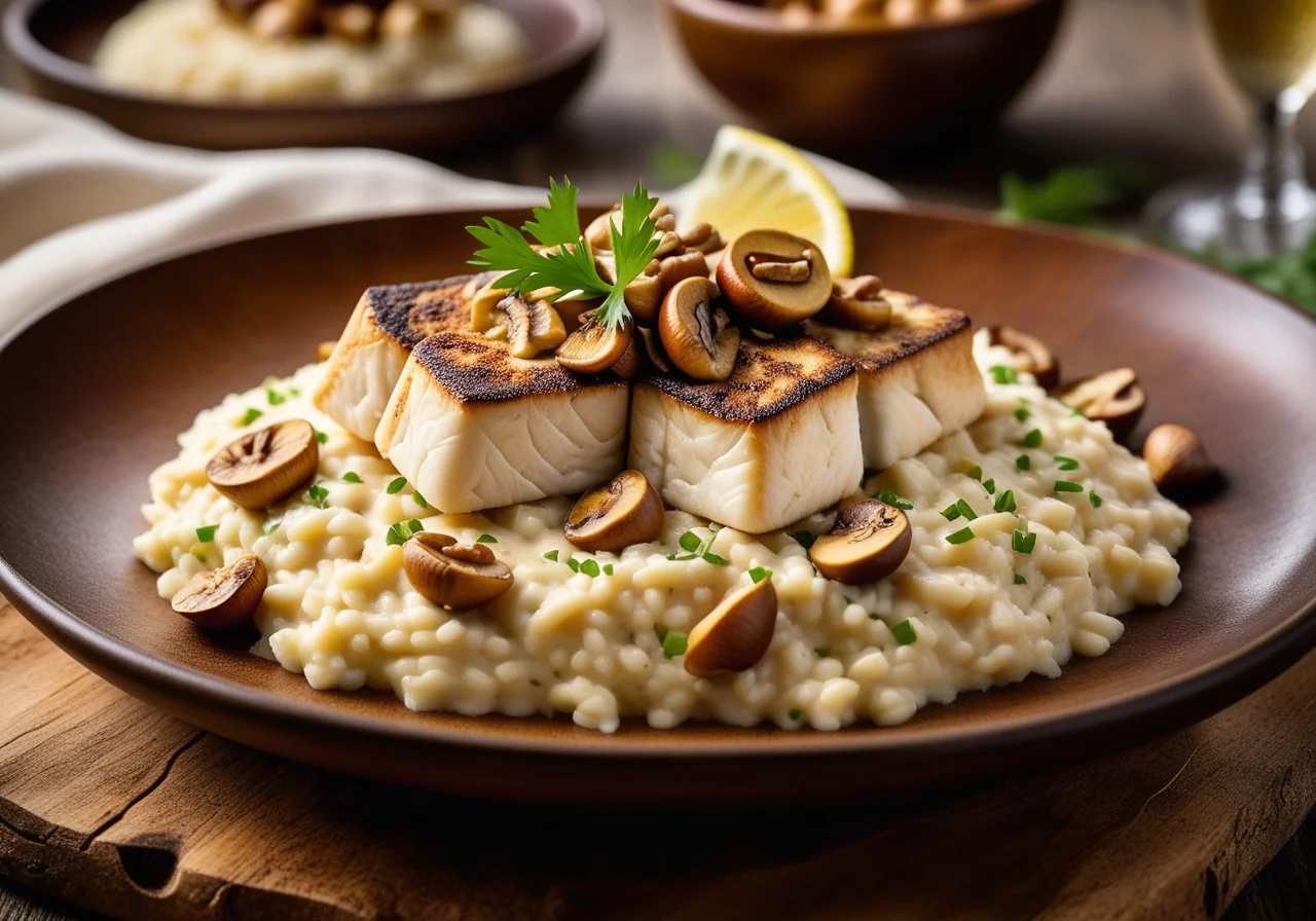 Pan‑fried Halibut with Risotto, Mushrooms and Carrots