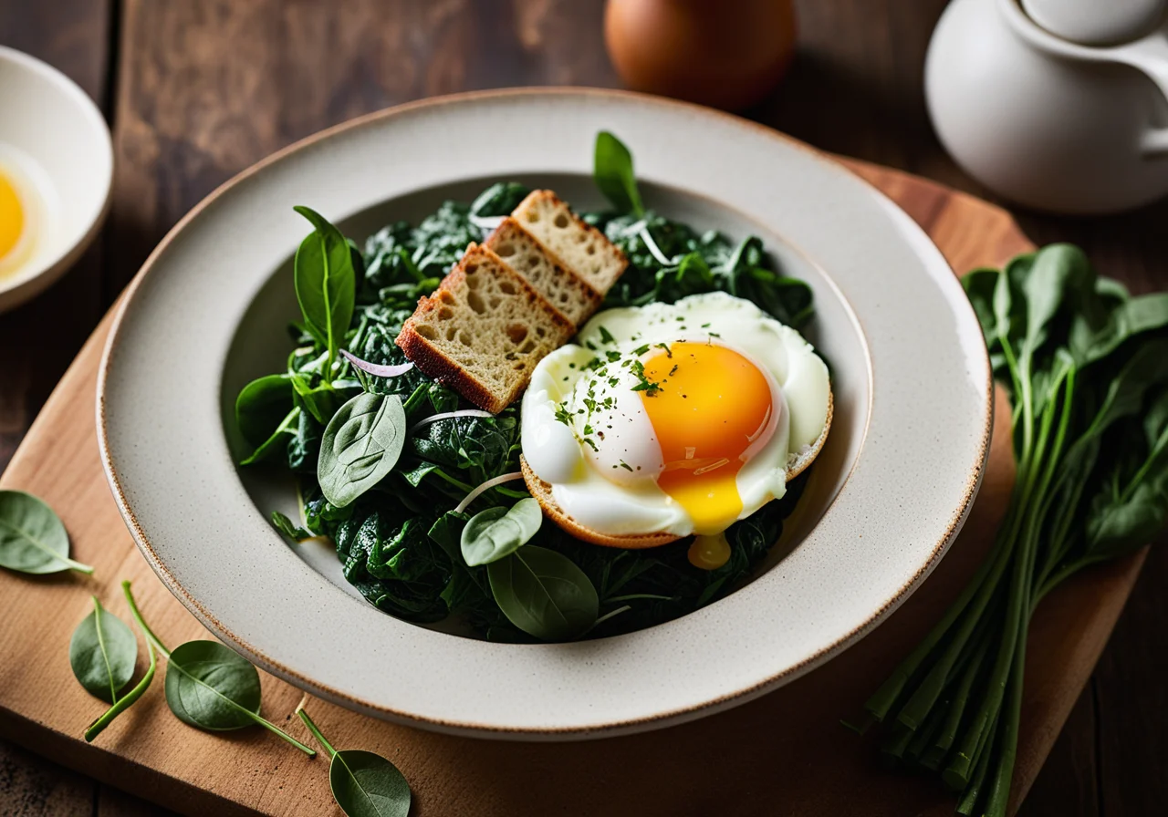 Leaf spinach with poached egg