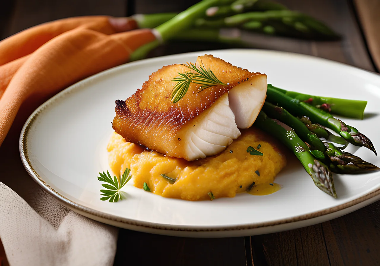 Pan‑fried Pangasius with Green Asparagus and Sweet Potato Mash
