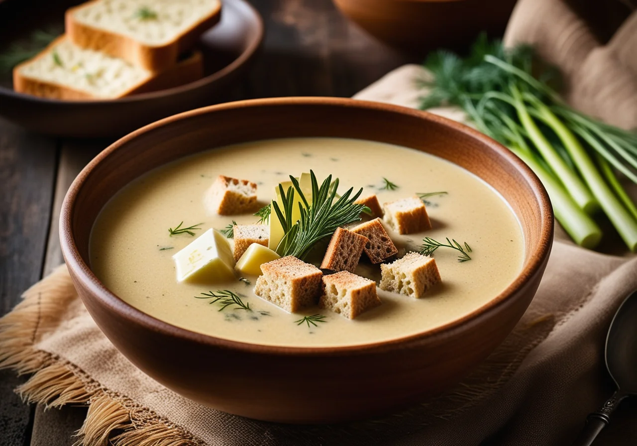 Smoked trout soup with leeks and rye bread croutons