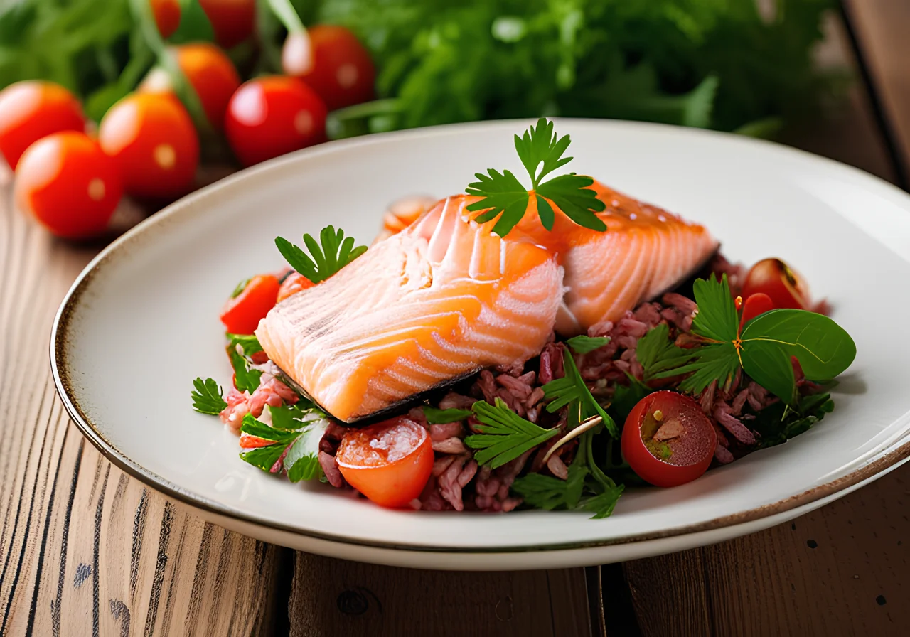 Warm Red Rice Salad with Salmon