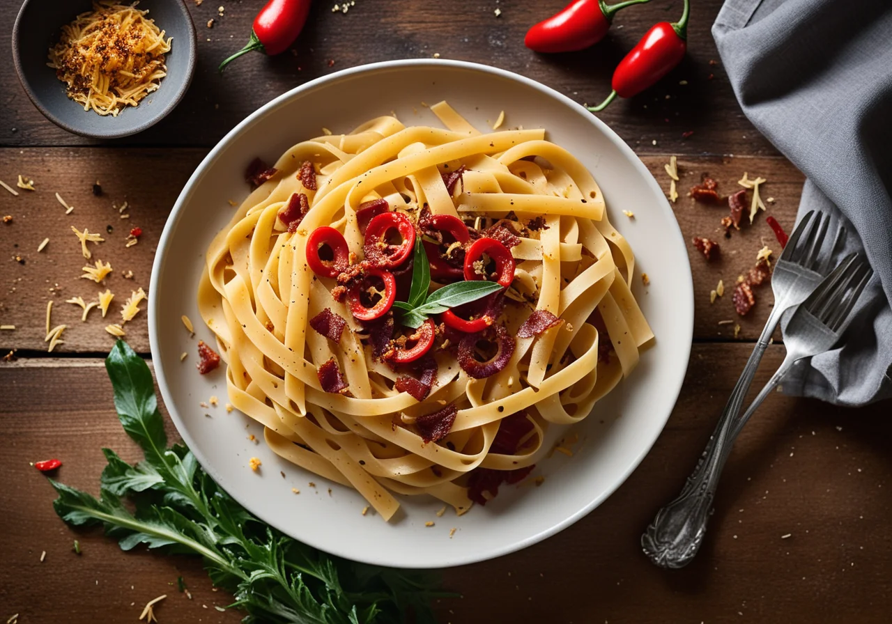 Pasta with Chili, Bacon and Chicory