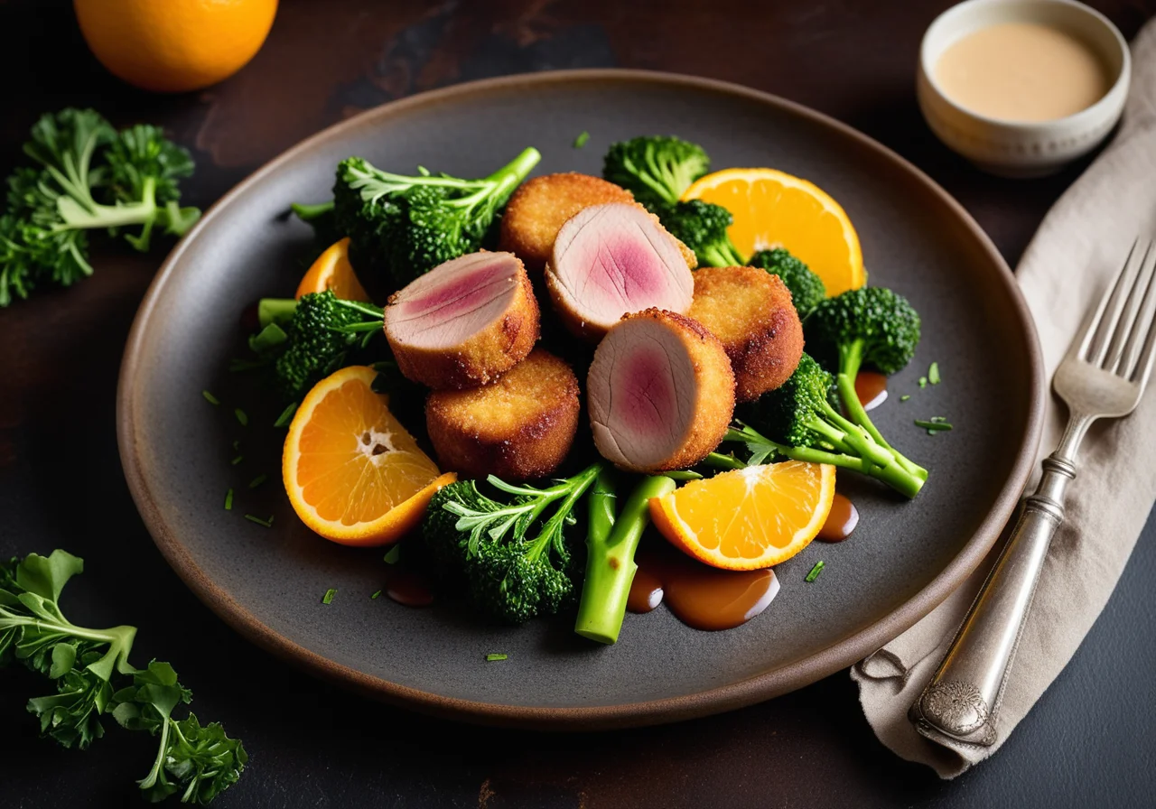 Duck with Potato Croquettes, Broccoli and Oranges