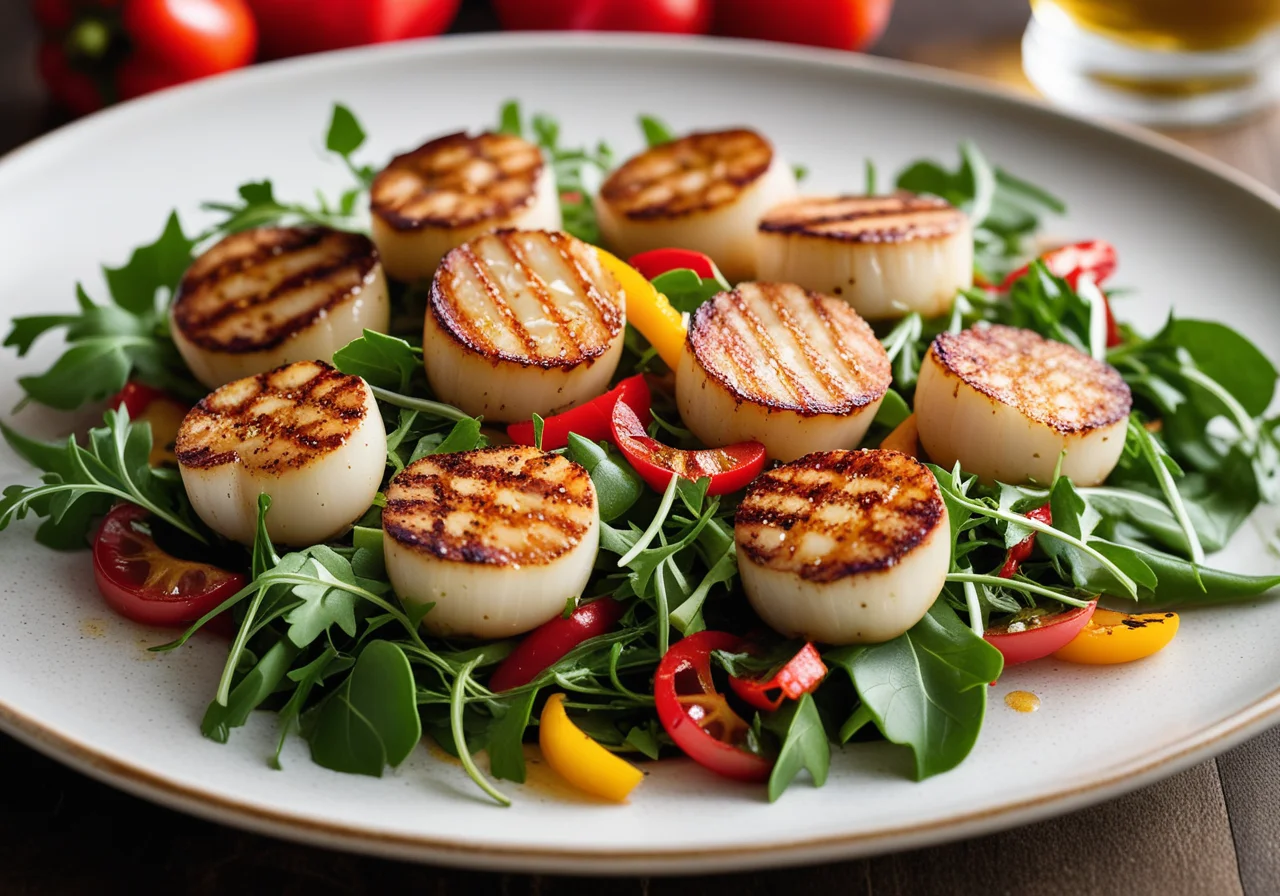 Leaf salad with grilled scallops