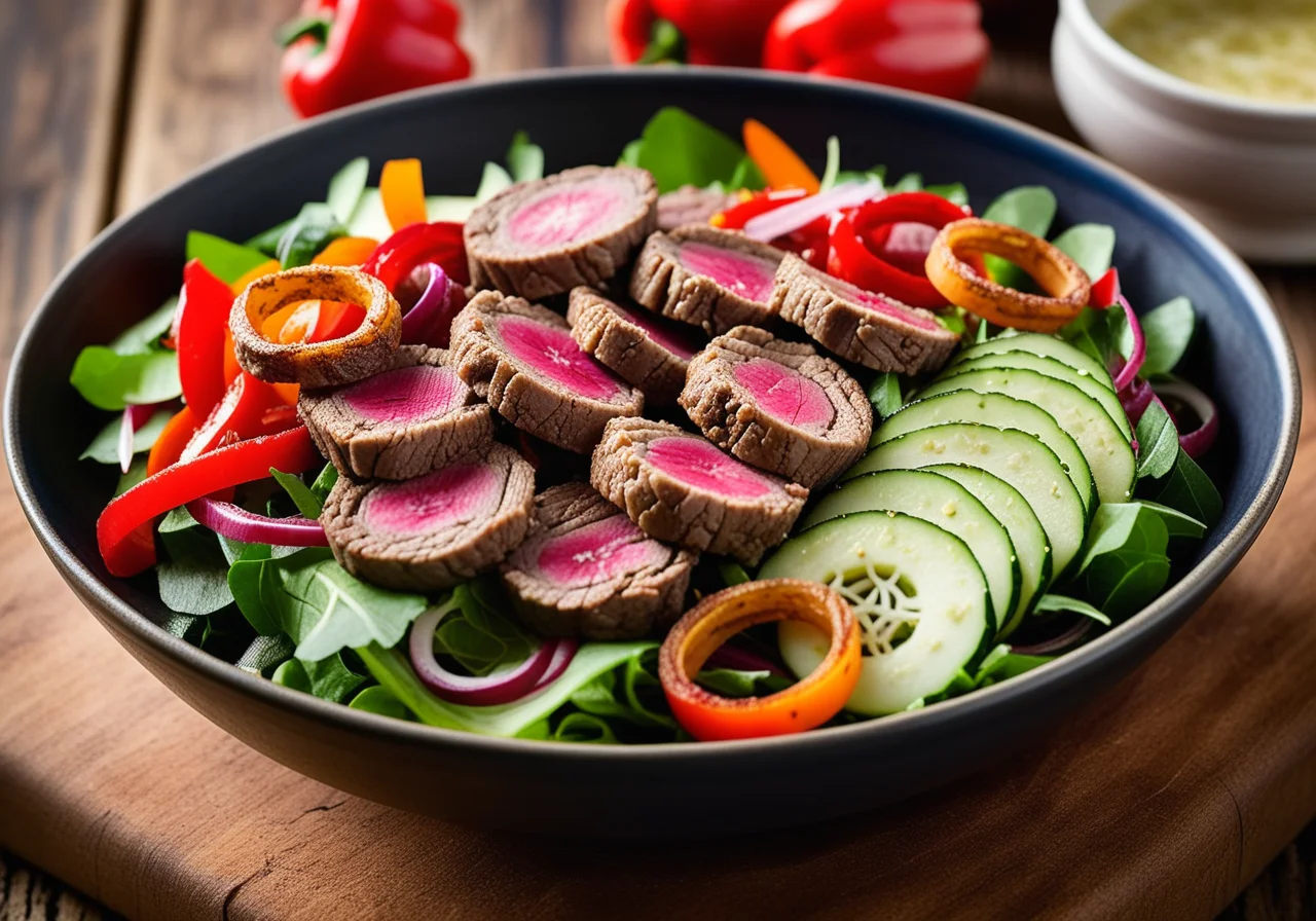 Lamb Salad with Bell Peppers, Onions and Cucumbers