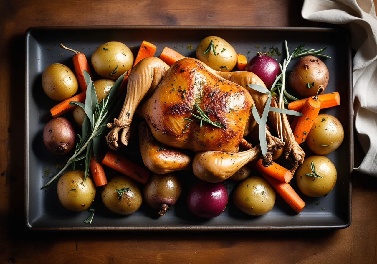 Baked Chicken with Potatoes, Vegetables, Feta and Sage