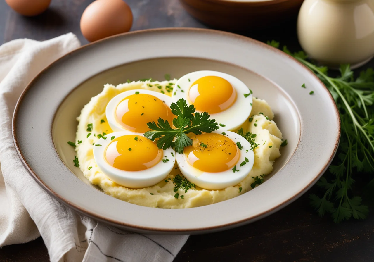 Eggs with Mustard Sauce and Mashed Potatoes