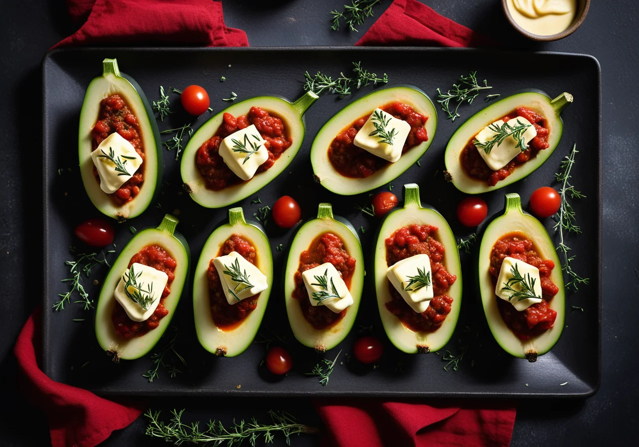 Stuffed Zucchini Boats with Ground Meat and Rice and Tomato Sauce