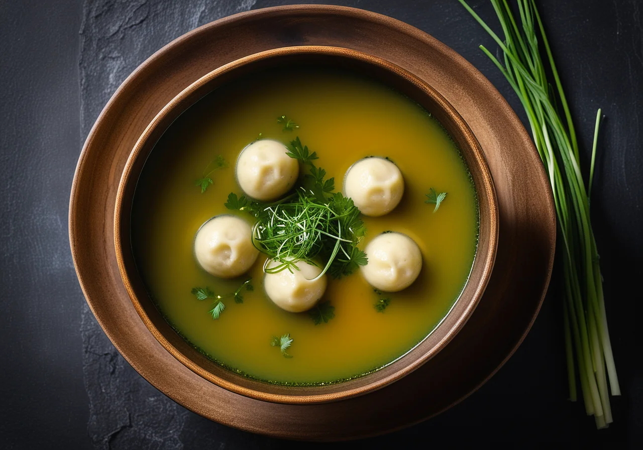 Nettle Broth with Cheese Dumplings (Kaspressknödel)