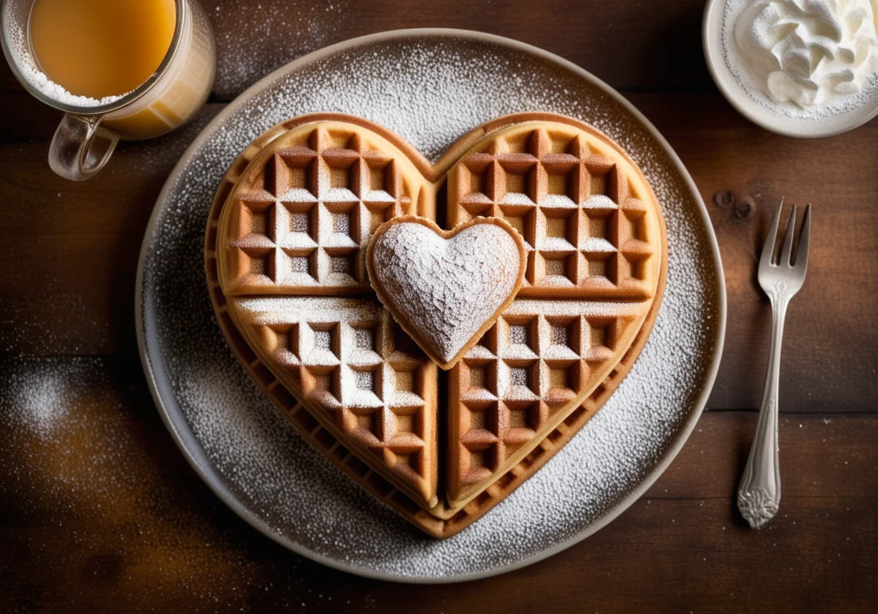 Heart-shaped Waffles with Powdered Sugar