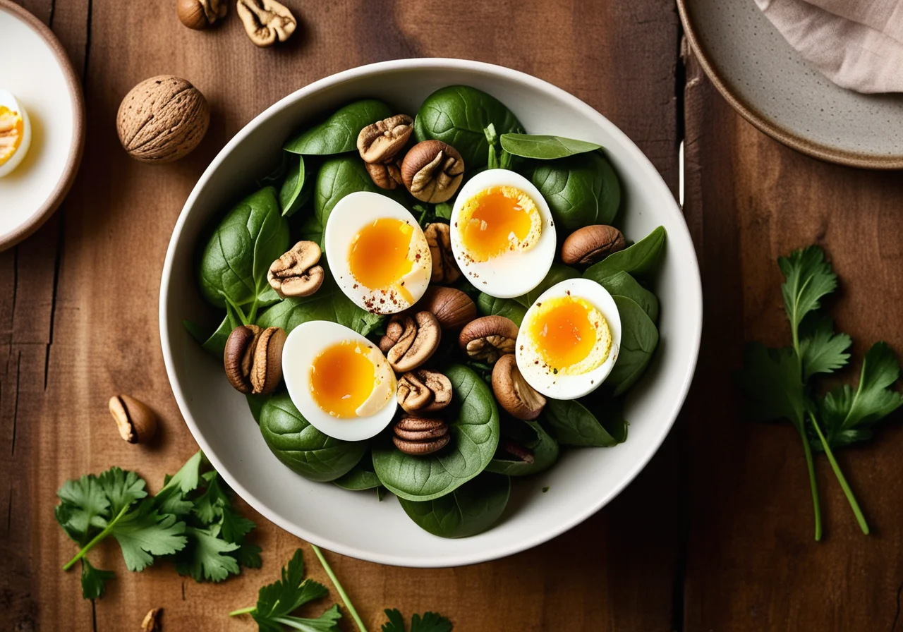 Spinach Salad with Hard-Boiled Eggs and Walnut Kernels