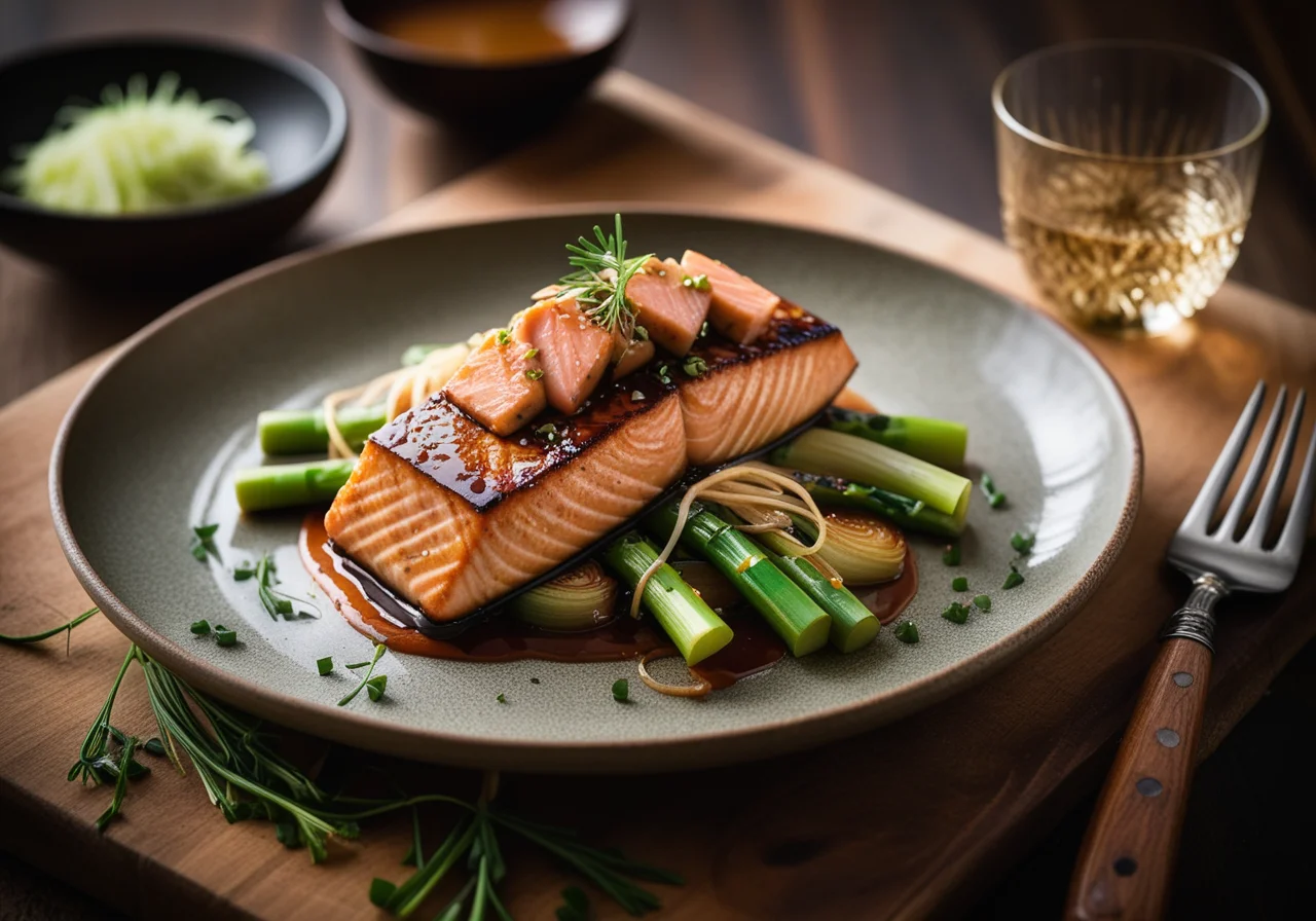 Glazed Salmon Fillet on Leek Vegetables