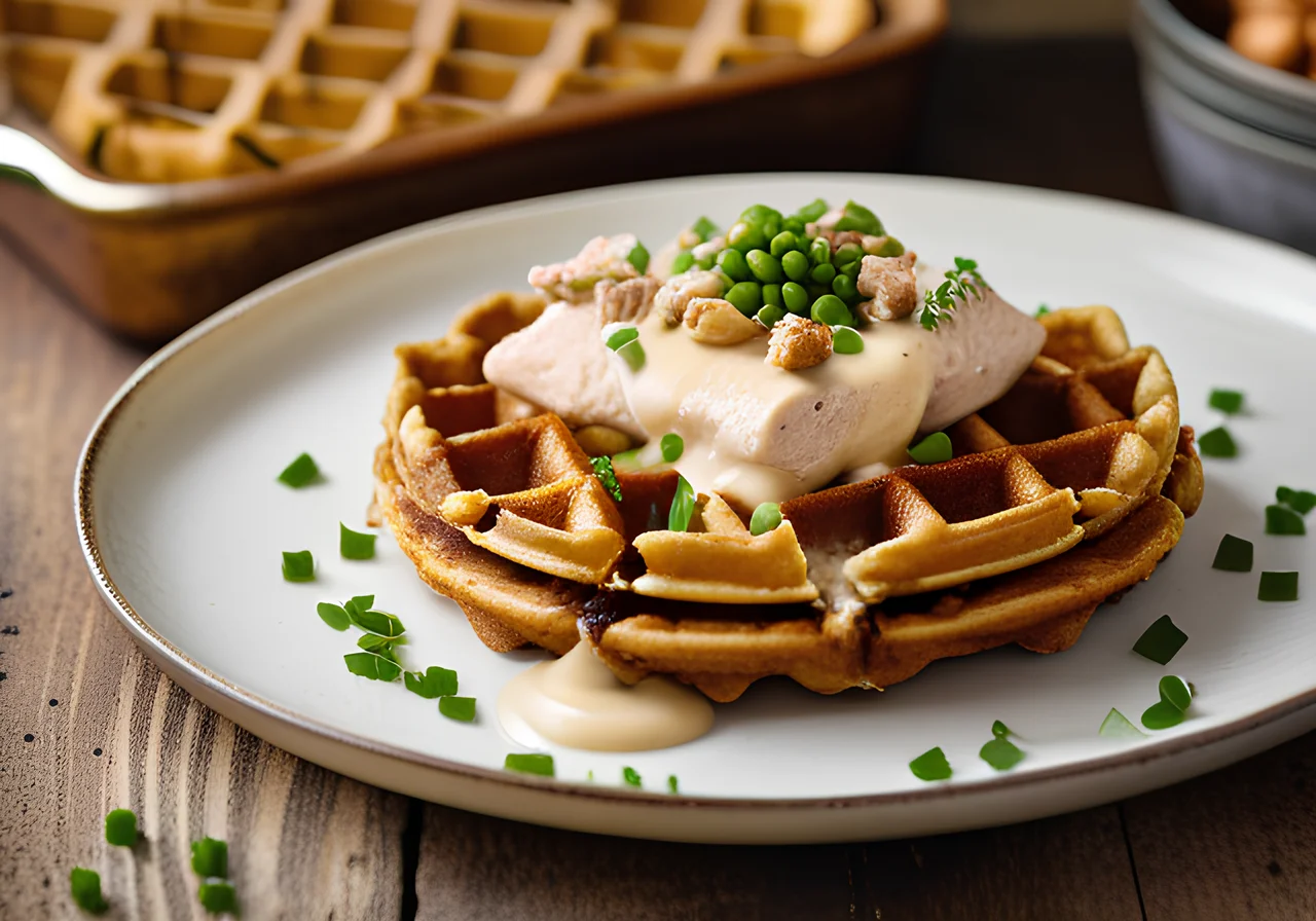 Lentil Waffles topped with Creamy Chicken and Spätzle