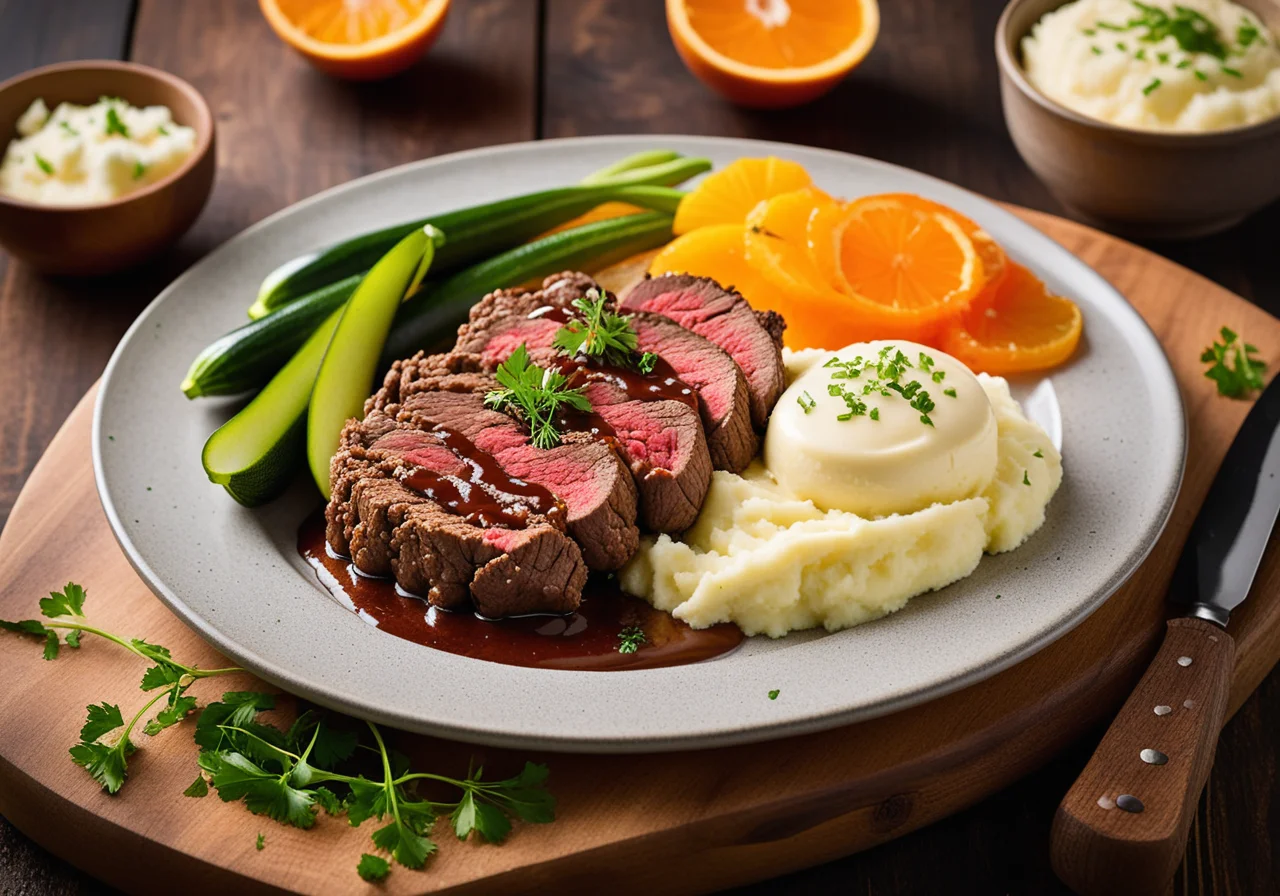Ground Beef Steak with Vegetables and Mashed Potatoes