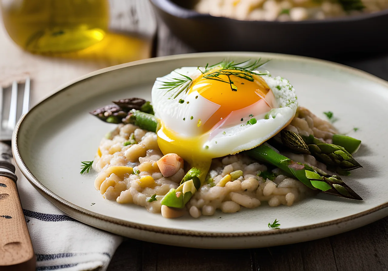 Soft Wheat Lentil Risotto with Asparagus and Egg