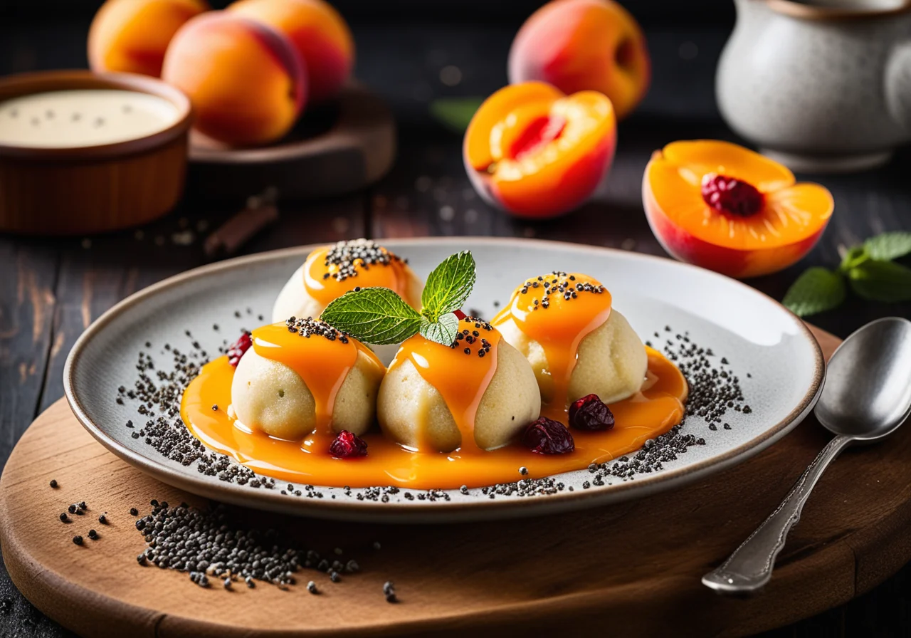 Apricot Poppy Seed Dumplings with Rosehip Sauce