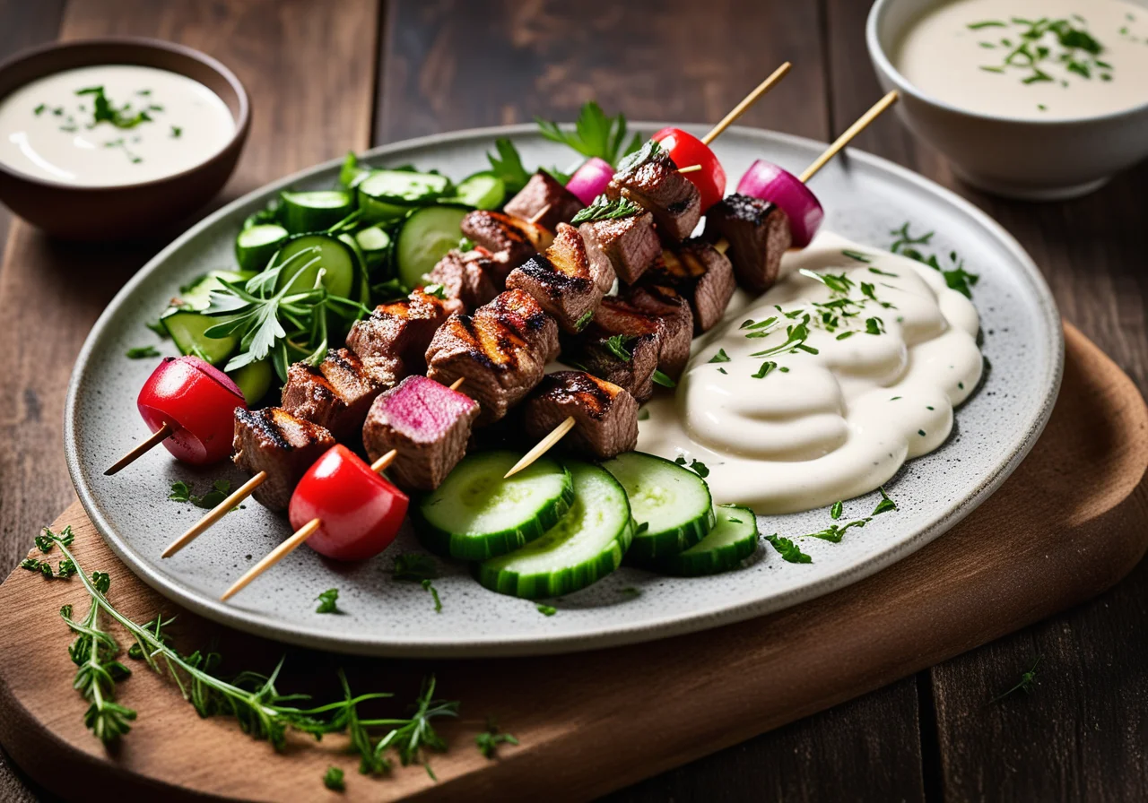 Meat and Vegetable Skewers with Yogurt Sauce