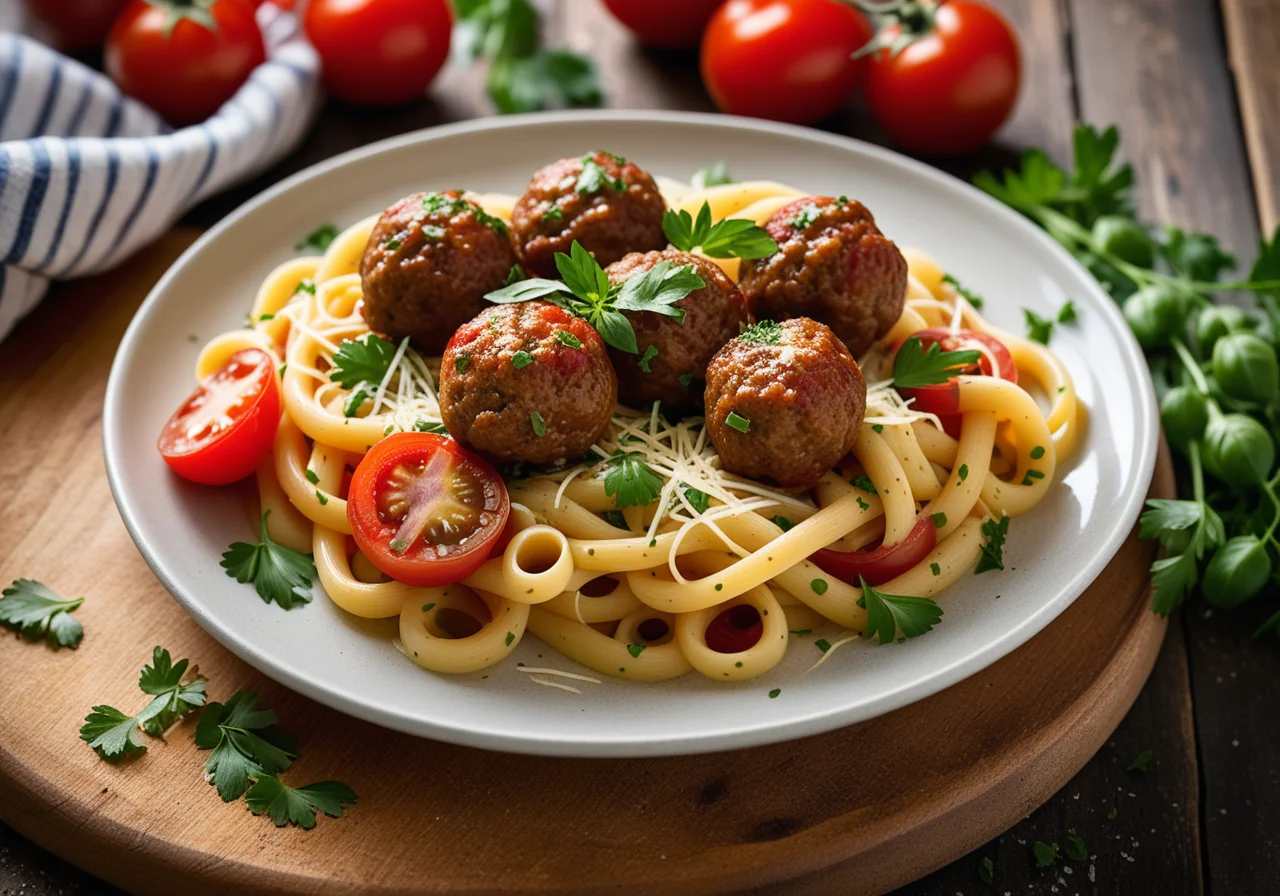 Pasta with Meatballs, Beans and Tomatoes