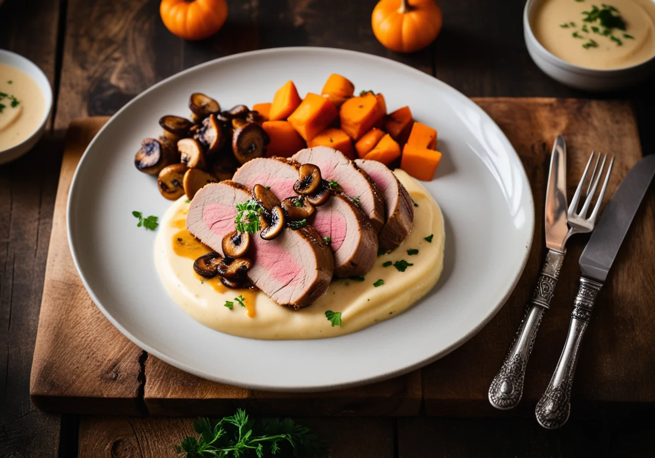 Pork Loin with Mushrooms and Potato Gratin