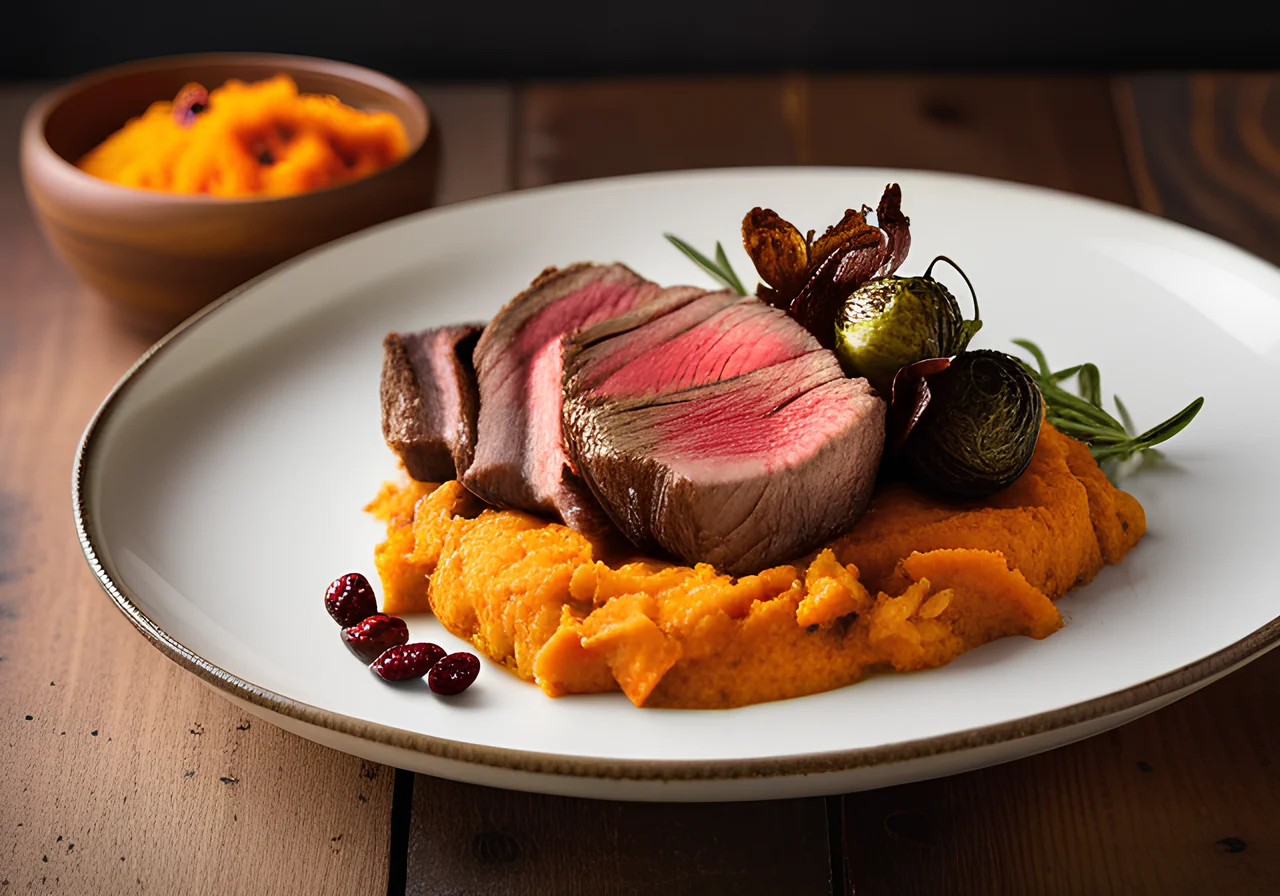 Beef Fillet with Sweet Potato Mash, Brussels Sprouts and Crispy Onions