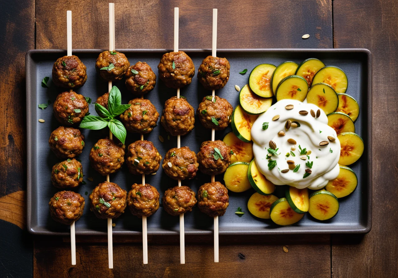 Zucchini Meatball Skewers with Yogurt Dip