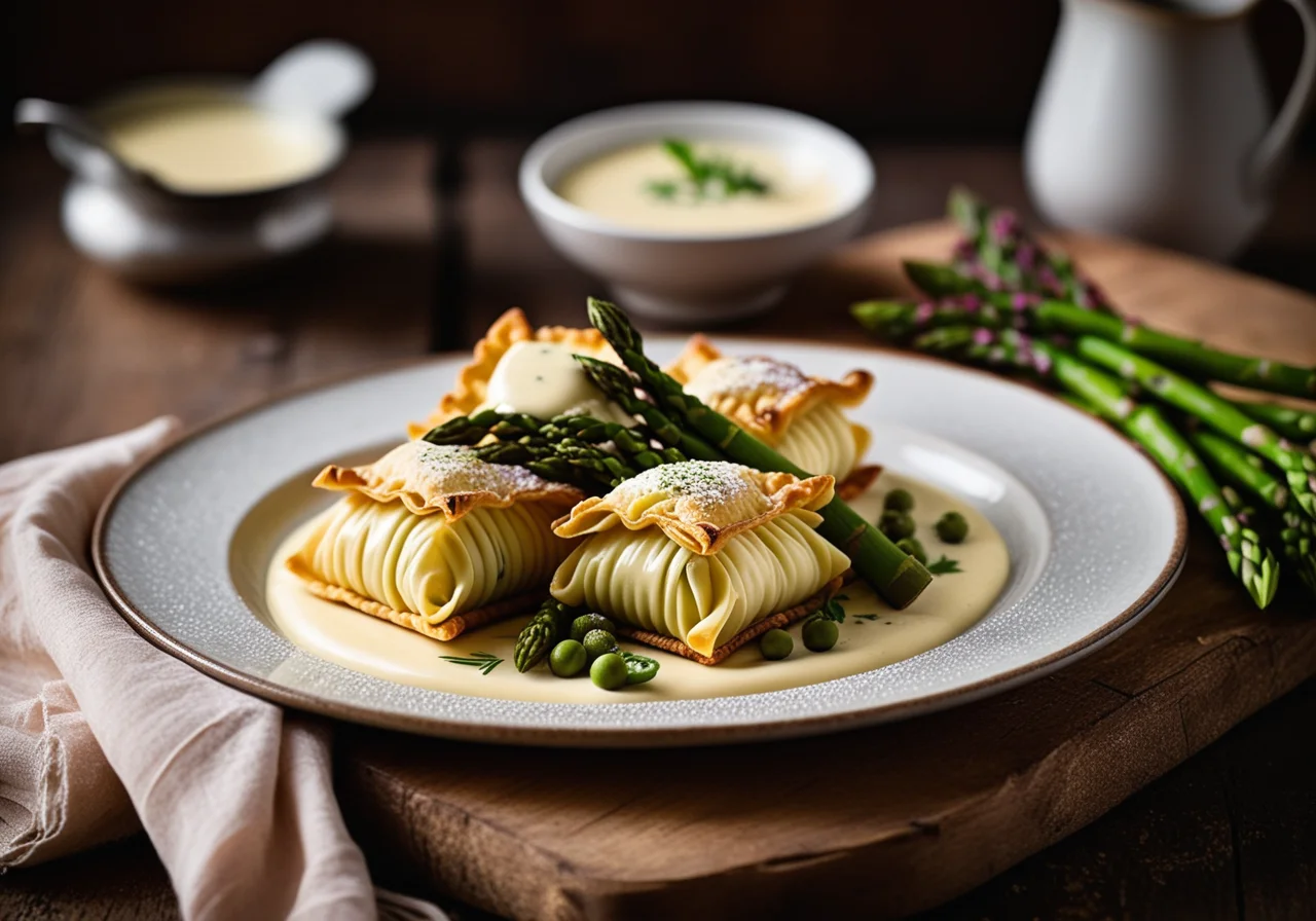 Strudelteigsäckchen mit Spargel, Kaiserschoten und Morcheln
