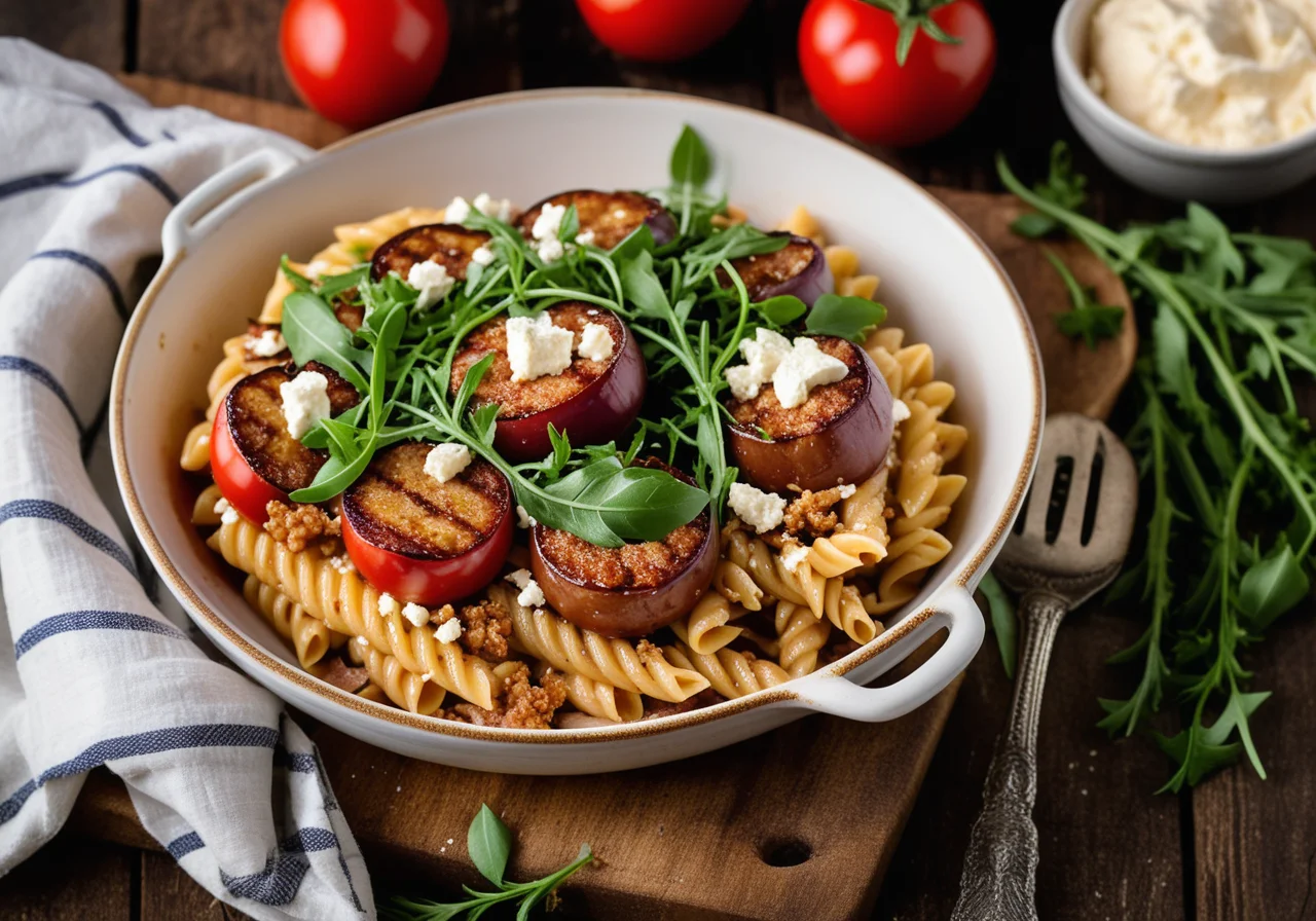 Pasta Gratin with Vegetables, Sausage and Sheep Cheese