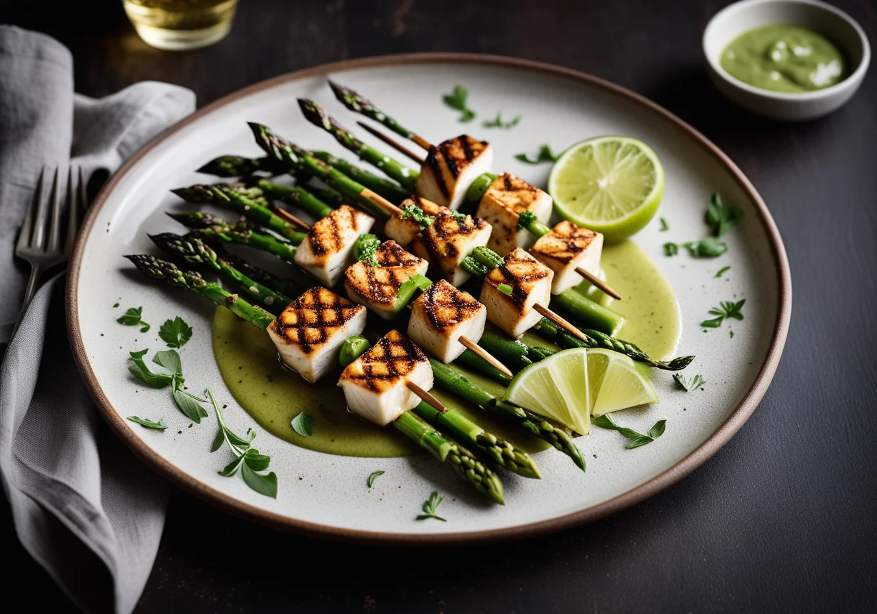 Fish Skewers on Green Asparagus with Lime Sauce