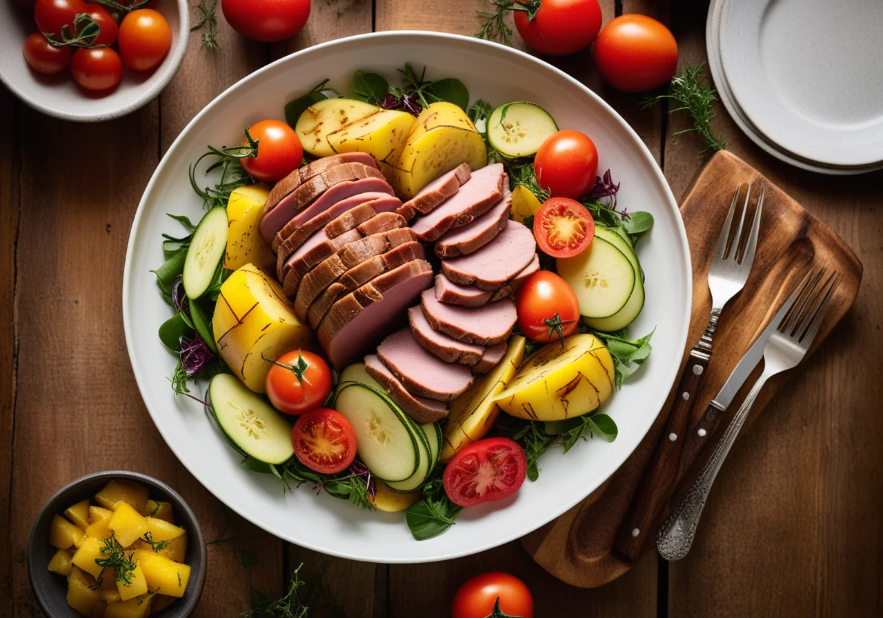 Spit‑roasted suckling pig and potato salad with zucchini