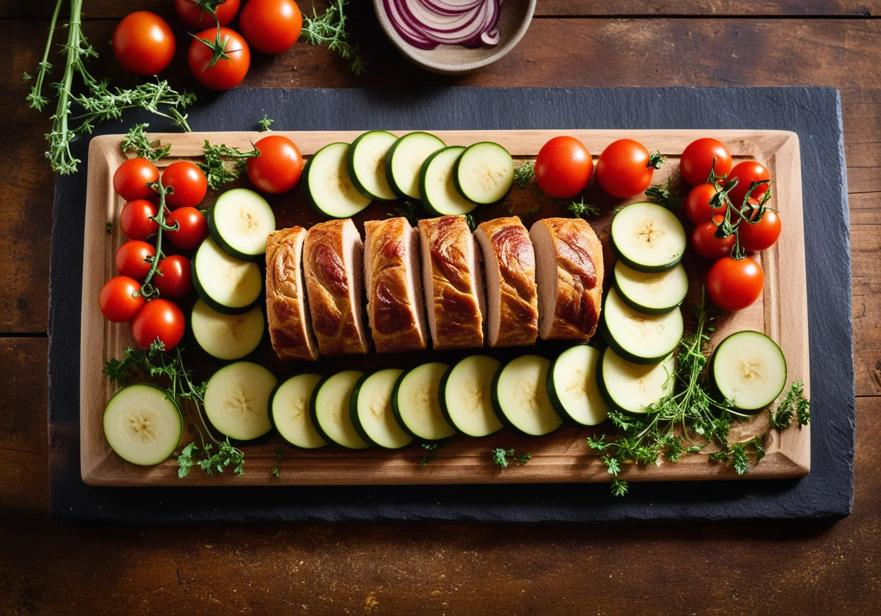 Chicken roulade with zucchini tomato vegetables