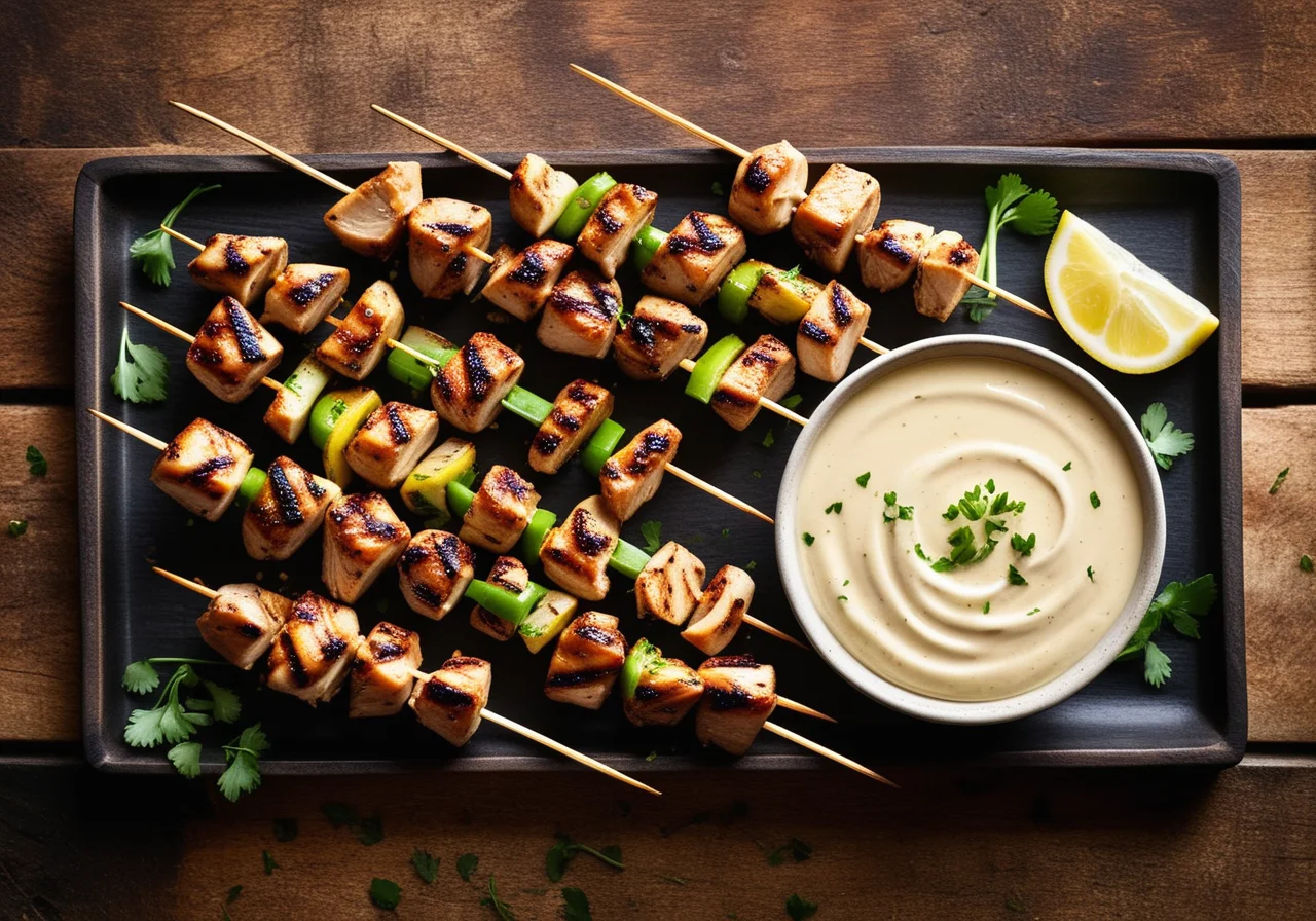 Chicken Onion Skewers with Lemon Dip