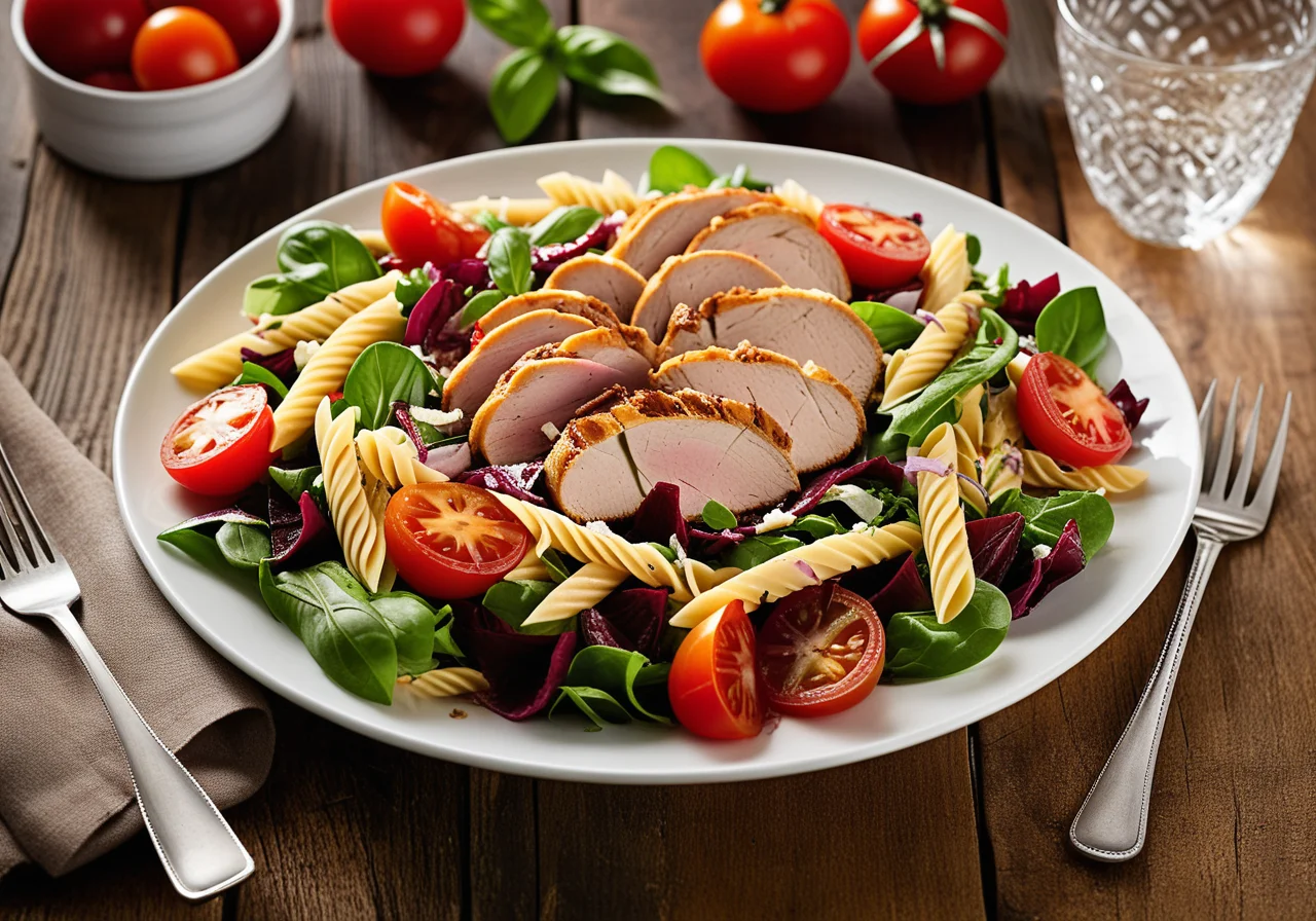 Leafy Salad with Penne and Chicken Breast