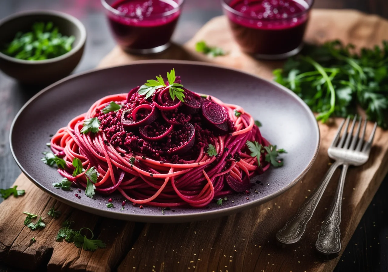 Beetroot Linguine with Chia Topping