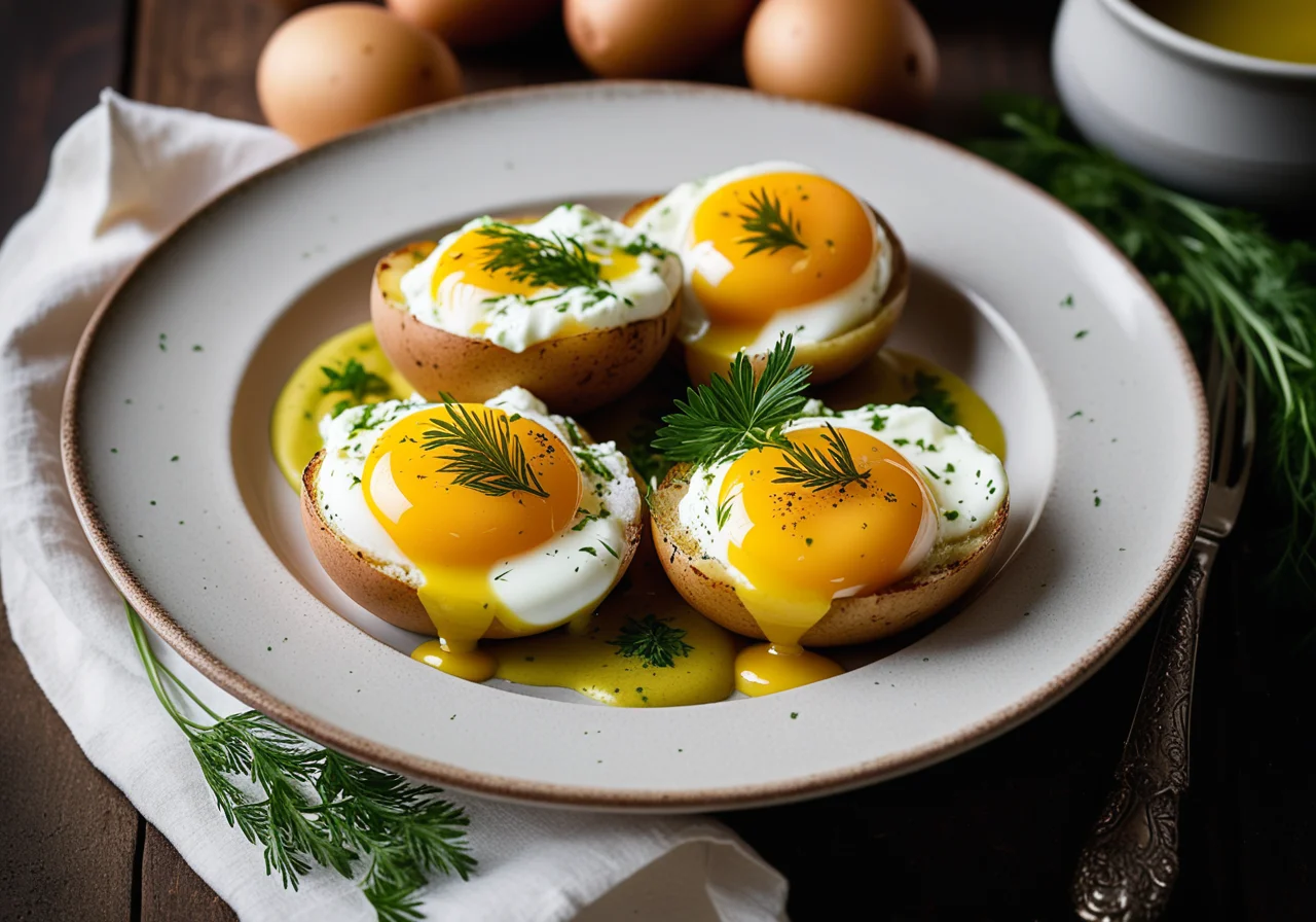 Poached Eggs with Potatoes and Green Dip