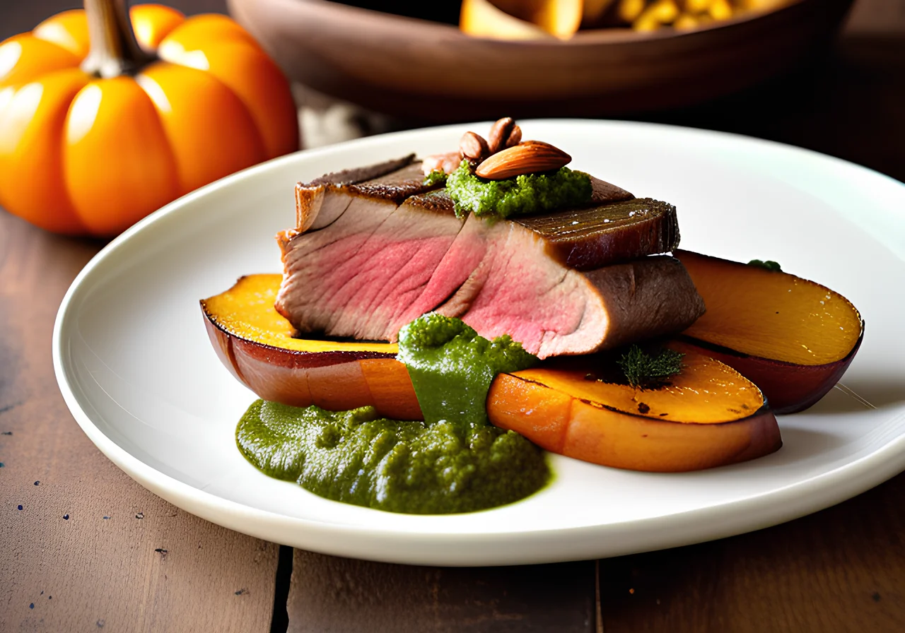 Pumpkin Slices with Pesto and Roast Beef (Rump Steak) and Caramelized Potatoes