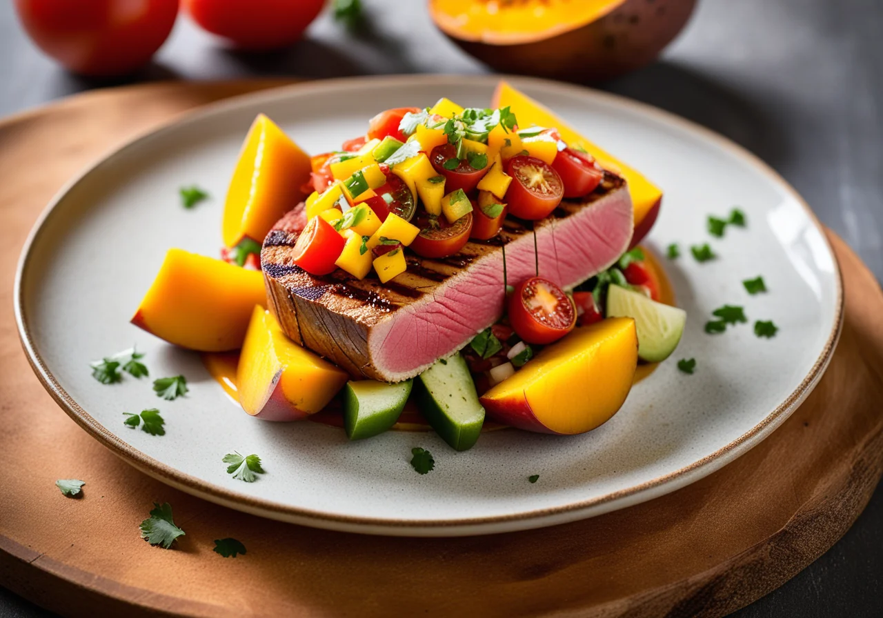 Tuna steak with mango tomato salsa on sweet potatoes