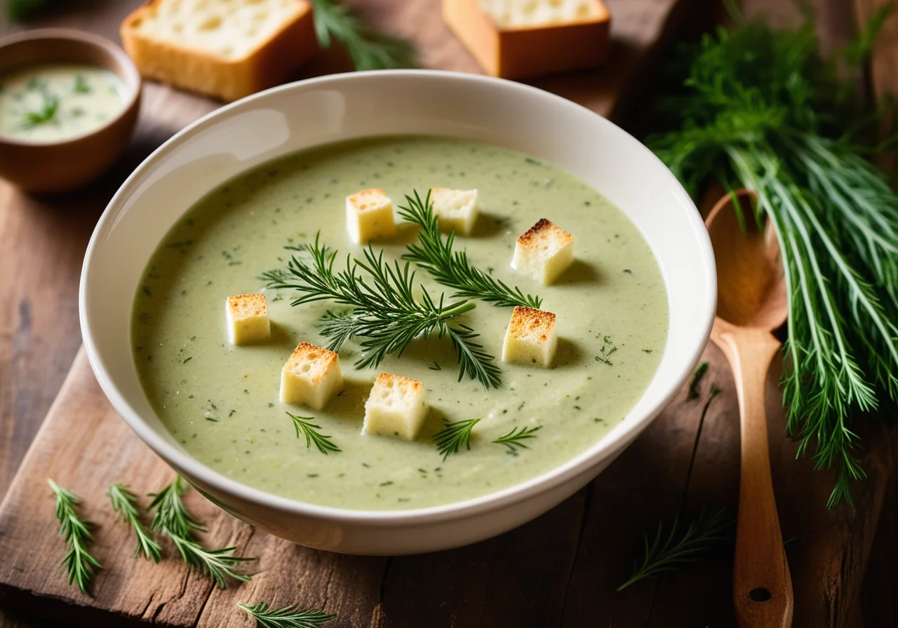Kerbel Soup with White Bread Cubes