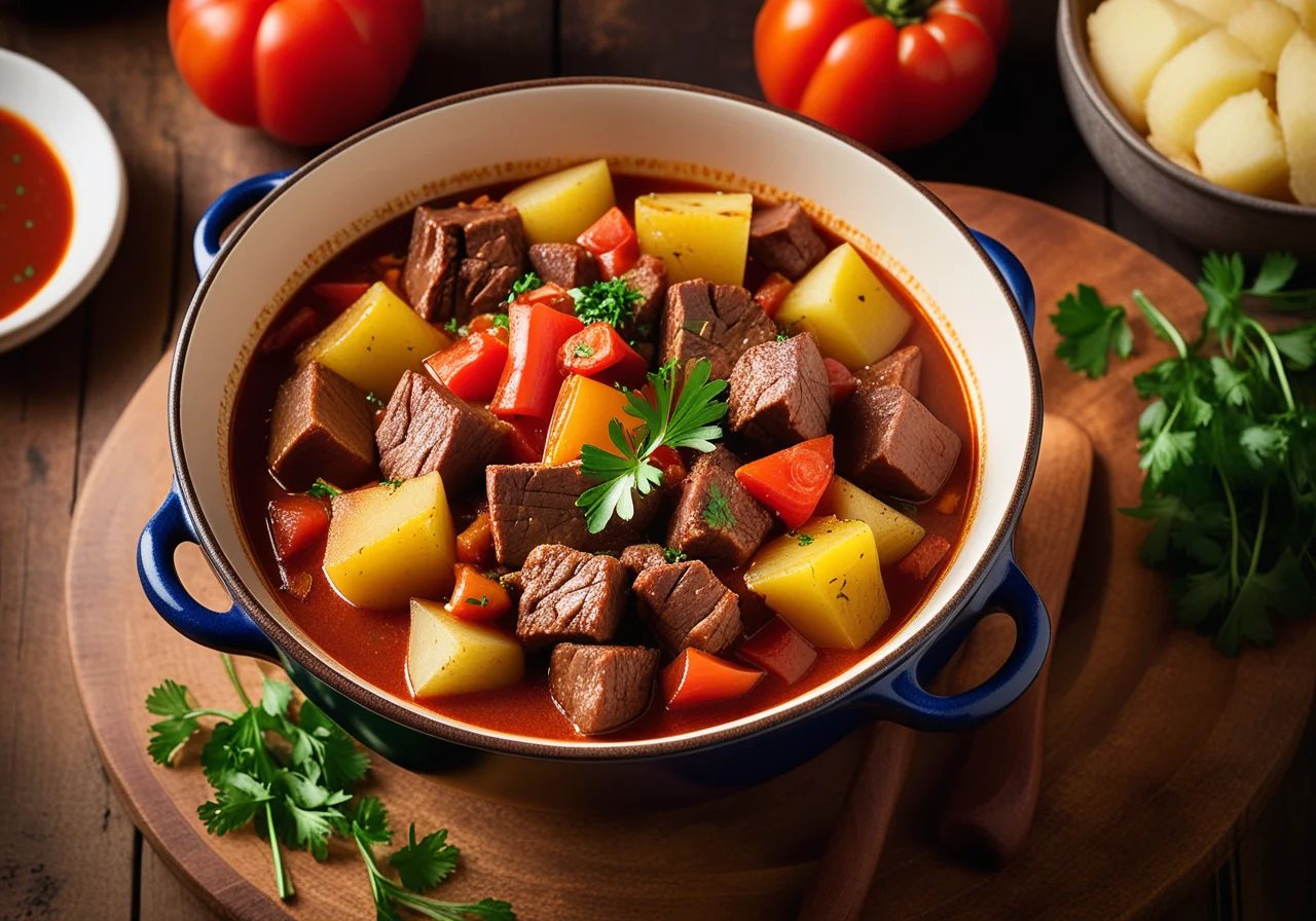 Beef Stew with Potatoes, Bell Peppers and Tomatoes